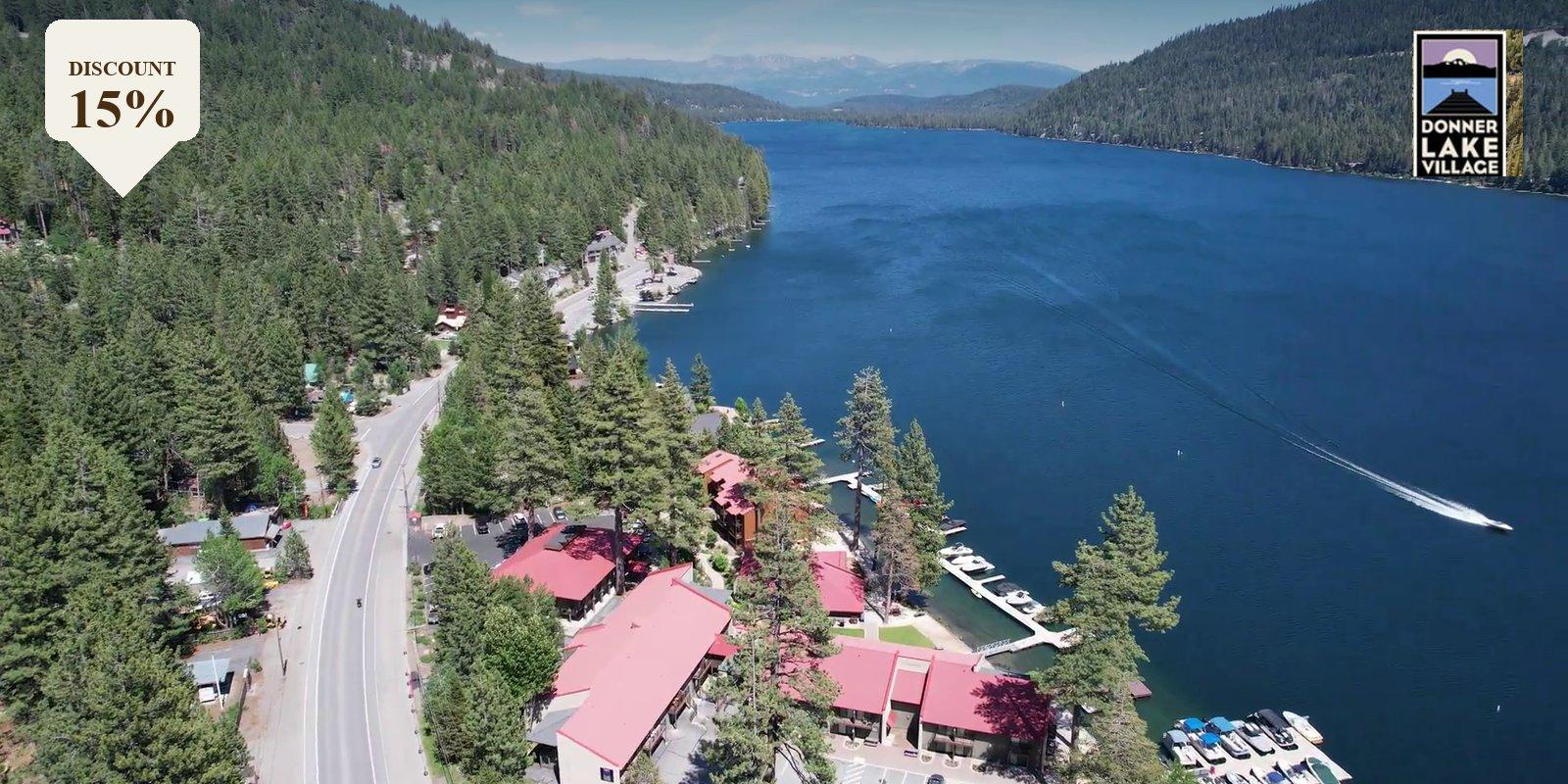 Donner Lake Village direct-booking ad — 15% off, book direct